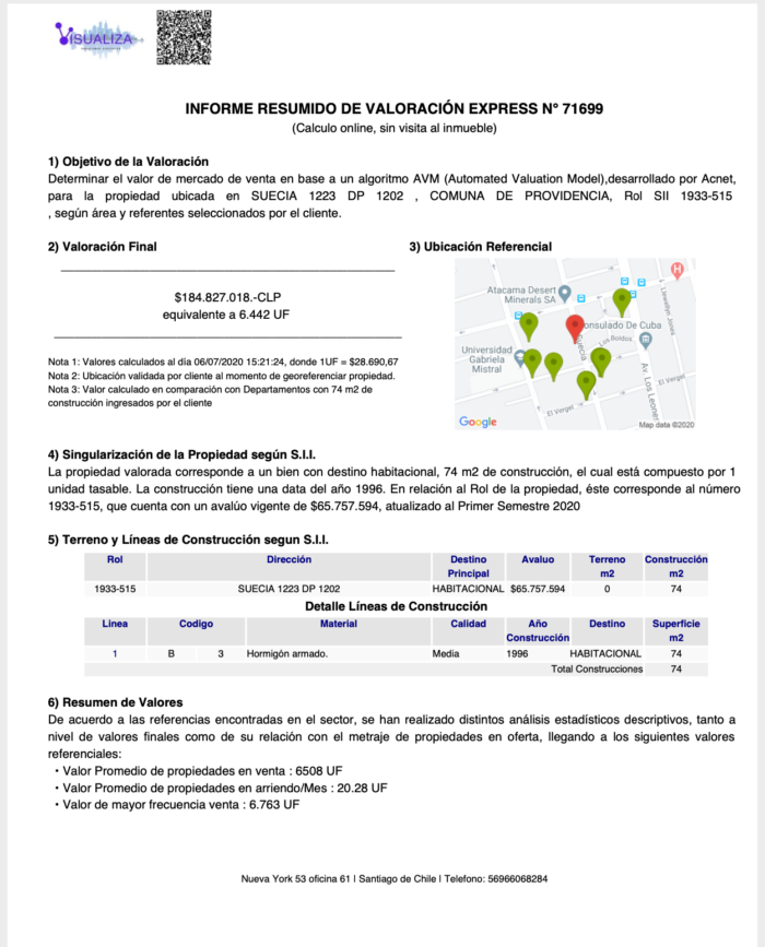 Informe PDF Tasación Digital (Venta) - Tasaciones Visualiza